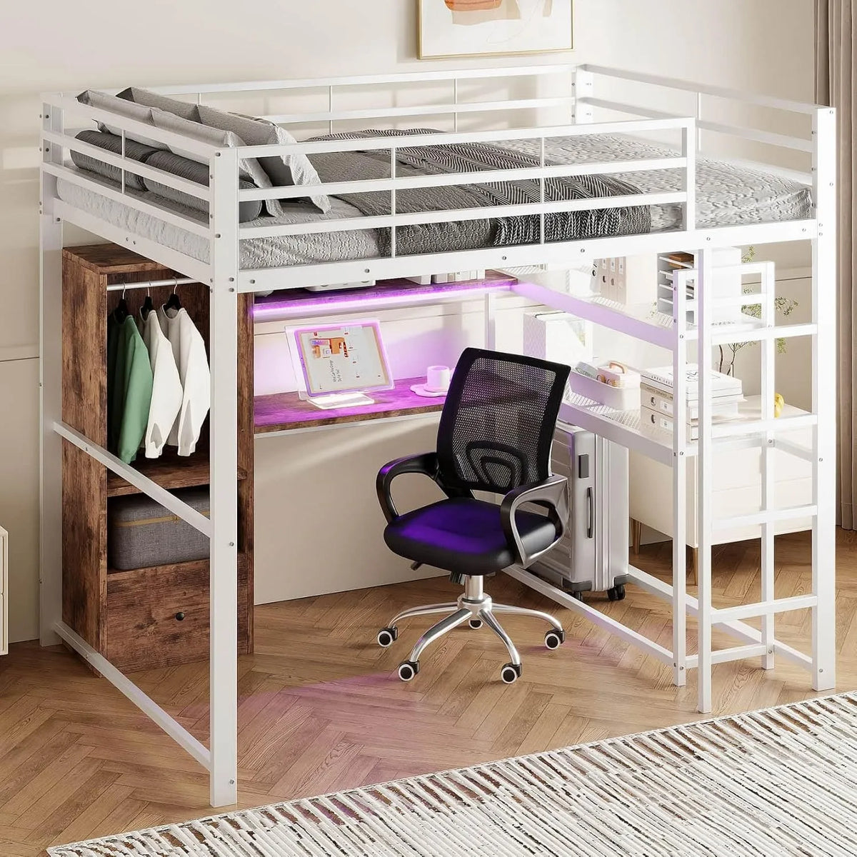 Armoire de rangement: pour enfant, en métal, avec rangement, avec Bibliothèque et étagère de rangements, 2 Places, 140 × 200cm, blanc