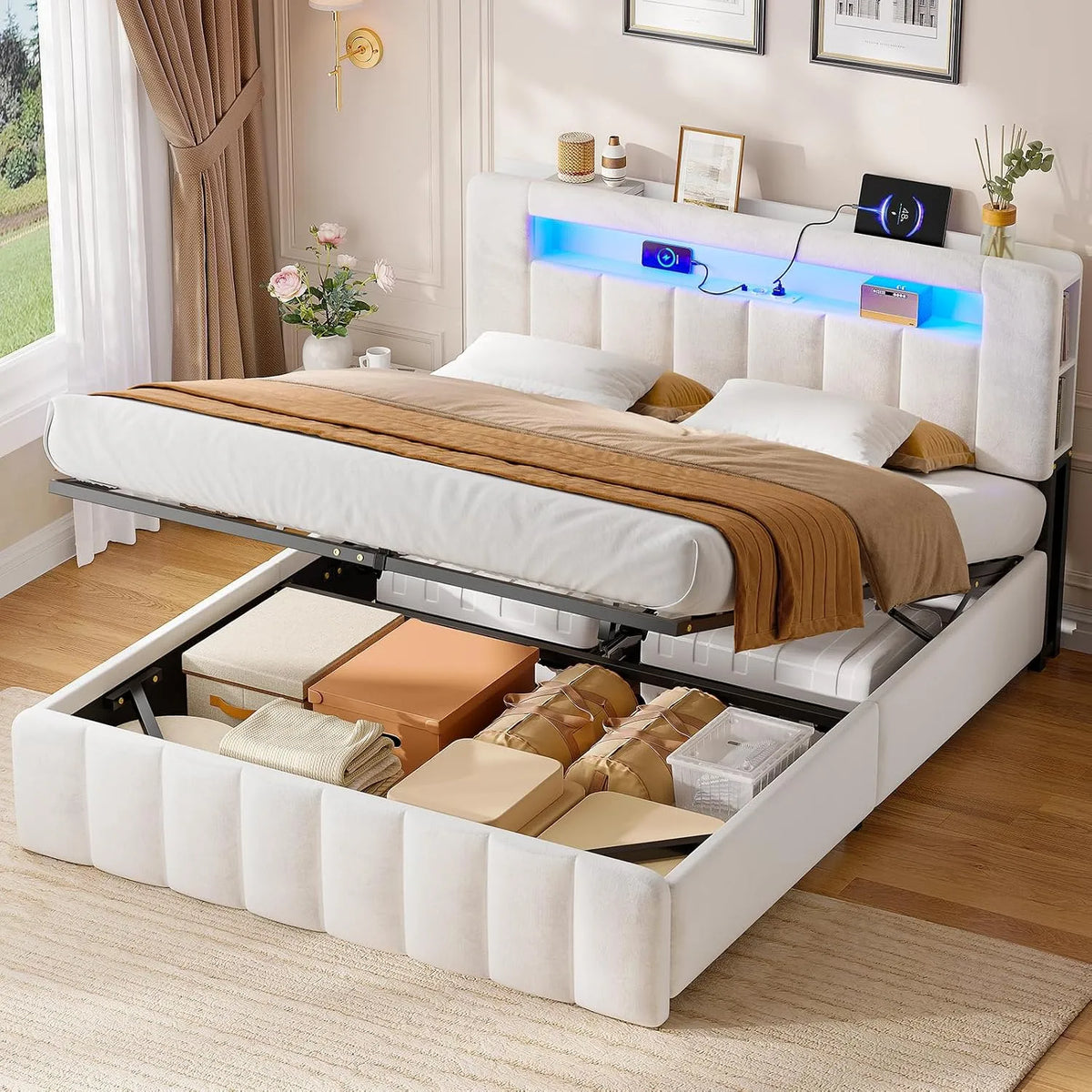 Lit Coffre 140x190 avec Éclairage LED et Multiprise Intégrée — en bois, avec Bibliothèque et étagère de rangements, affichage LED, 2 Étagères