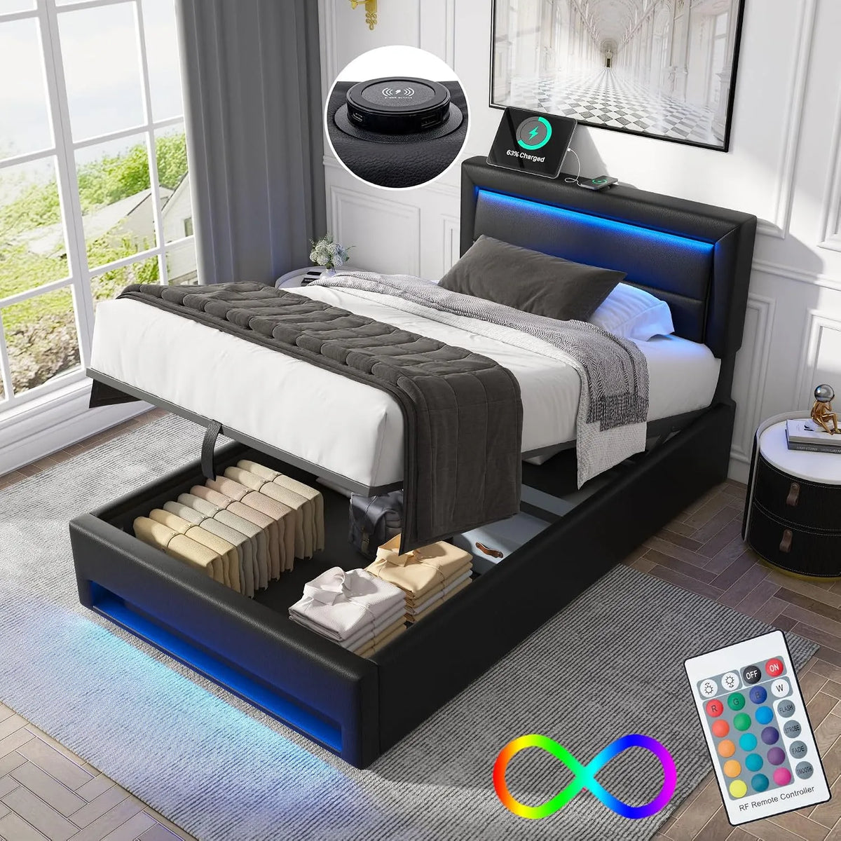 Lit 90 x 190 avec Sommier LED et USB Charge sans — avec rangement, avec port USB, affichage LED, 90 × 190, revêtement en tissu