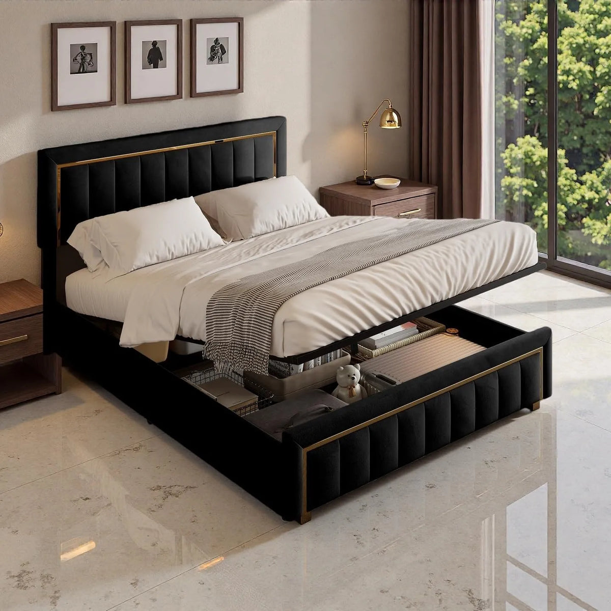 Lit Coffre 140x200 avec Sommier – avec rangement, 140 × 200, 140 × 200 cm, noir, revêtement en velours