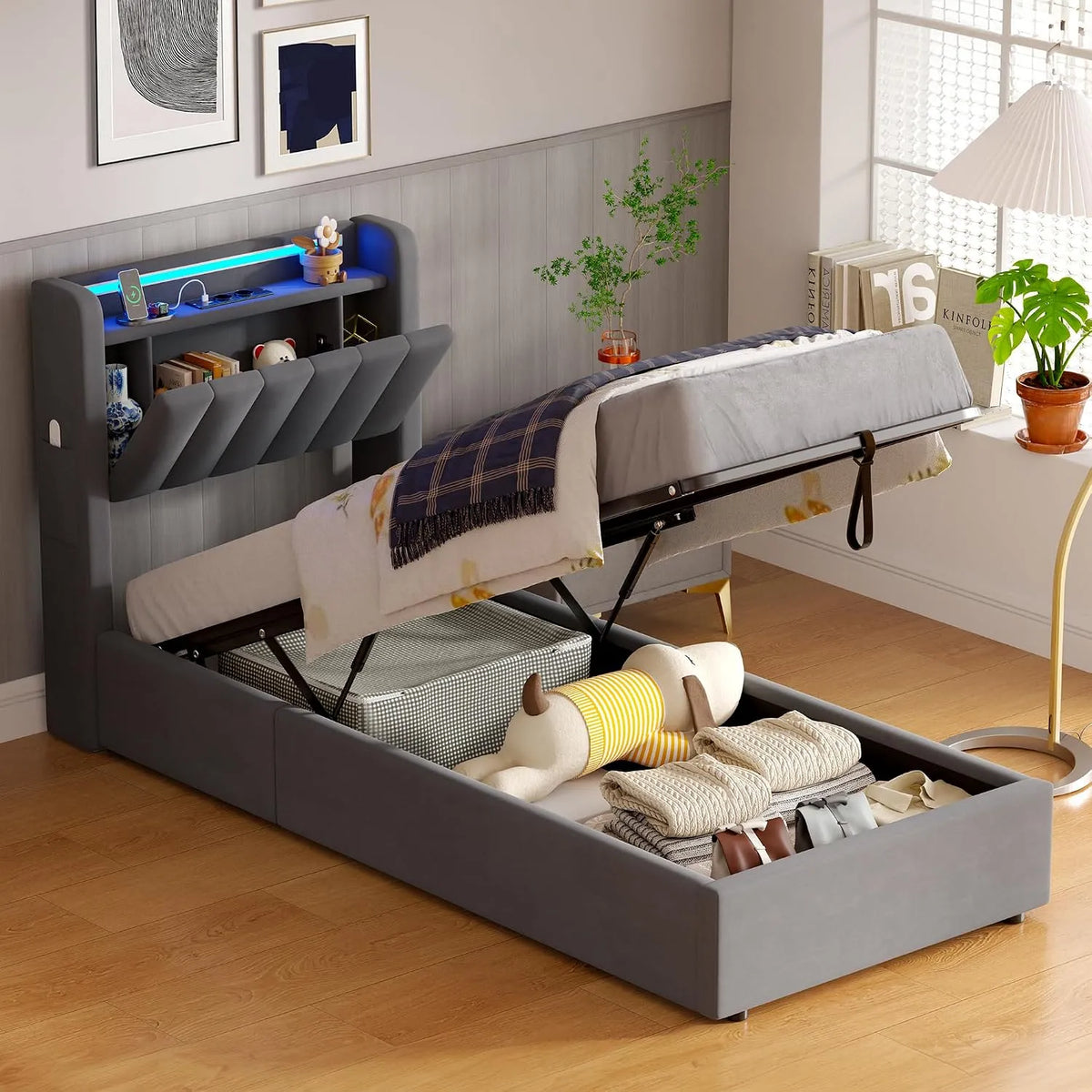 okwish Lit Coffre 90x200 cm avec LED et USB — avec rangement, avec port USB, affichage LED, 90 × 200 cm, gris, avec rangement intégré