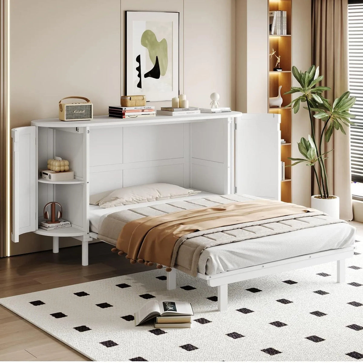 Armoire de rangement: en bois, avec rangement, avec armoire, 140 × 200cm, blanc, revêtement en tissu, en résine tressée