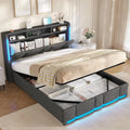 Lit Coffre Hydraulique 140x200 avec Éclairage LED & Prise — avec rangement, avec Bibliothèque et étagère de rangements, affichage LED, 140 × 200, gris