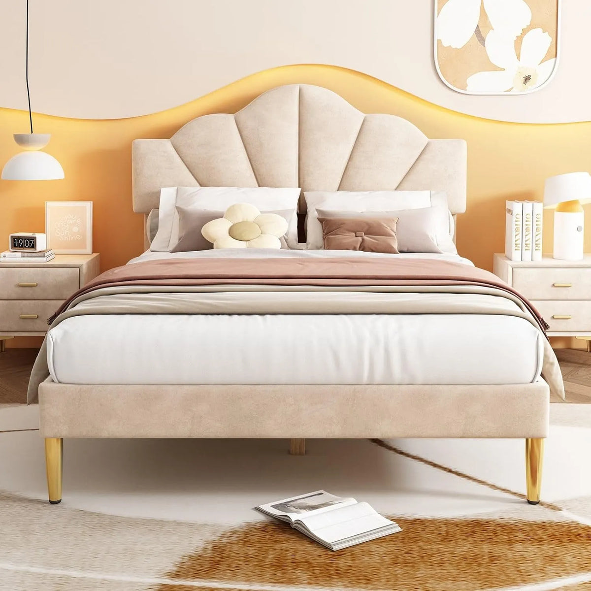 Sweiko Lit Velours Rembourré 140 * 190 cm – en bois, réglable, 140 × 190 cm, beige