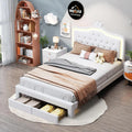 Lit pour enfant 140 x 200 cm: en cuir, avec tiroirs, affichage LED, 2 tiroirs, 140 × 200 cm, blanc, revêtement en tissu