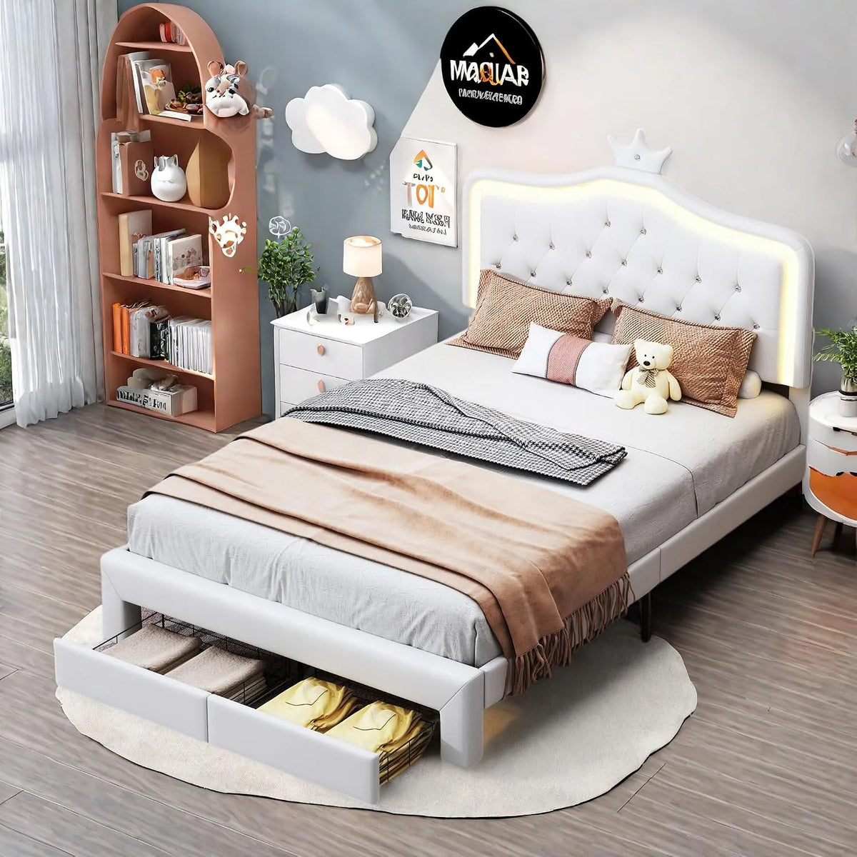 Lit pour enfant 140 x 200 cm: en cuir, avec tiroirs, affichage LED, 2 tiroirs, 140 × 200 cm, blanc, revêtement en tissu