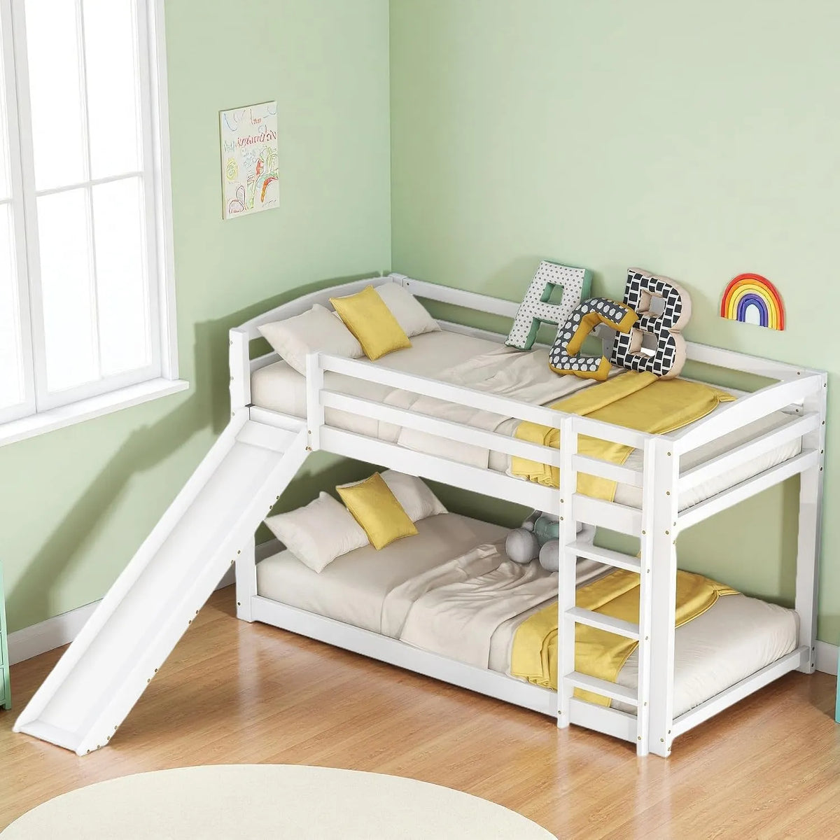Lit superposé et lit mezzanine – pour enfant, en bois, avec escalier, avec toboggan, 2 Places, 90 × 200, blanc, en bois massif