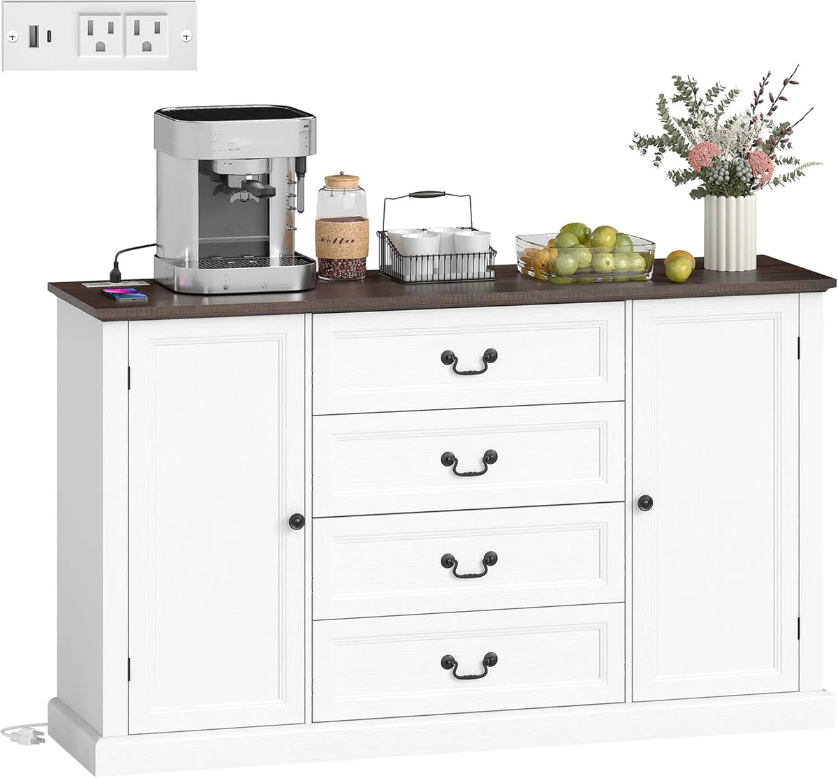 HOMCOM Armoire de rangement: avec tiroirs, avec Bibliothèque et étagère de rangements, réglable, 4 tiroirs, 147 × 40 × 87 cm, blanc, avec étagères