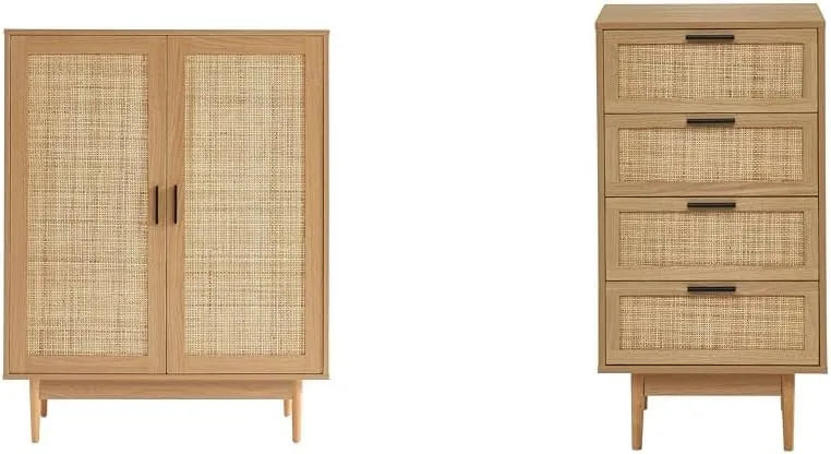 Buffet et meuble de rangement Haut Amana Effet chêne et cannage en rotin 2 — avec tiroirs, 2 Portes, 4 tiroirs