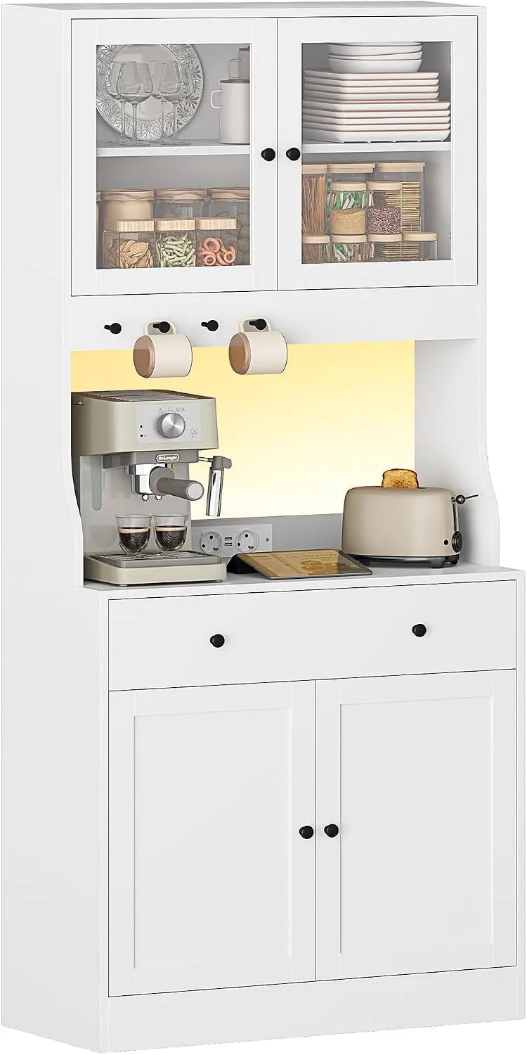 Buffet et meuble de rangement Cuisine avec LED et Multiprise: avec rangement, avec tiroirs, avec étagères, réglable, blanc