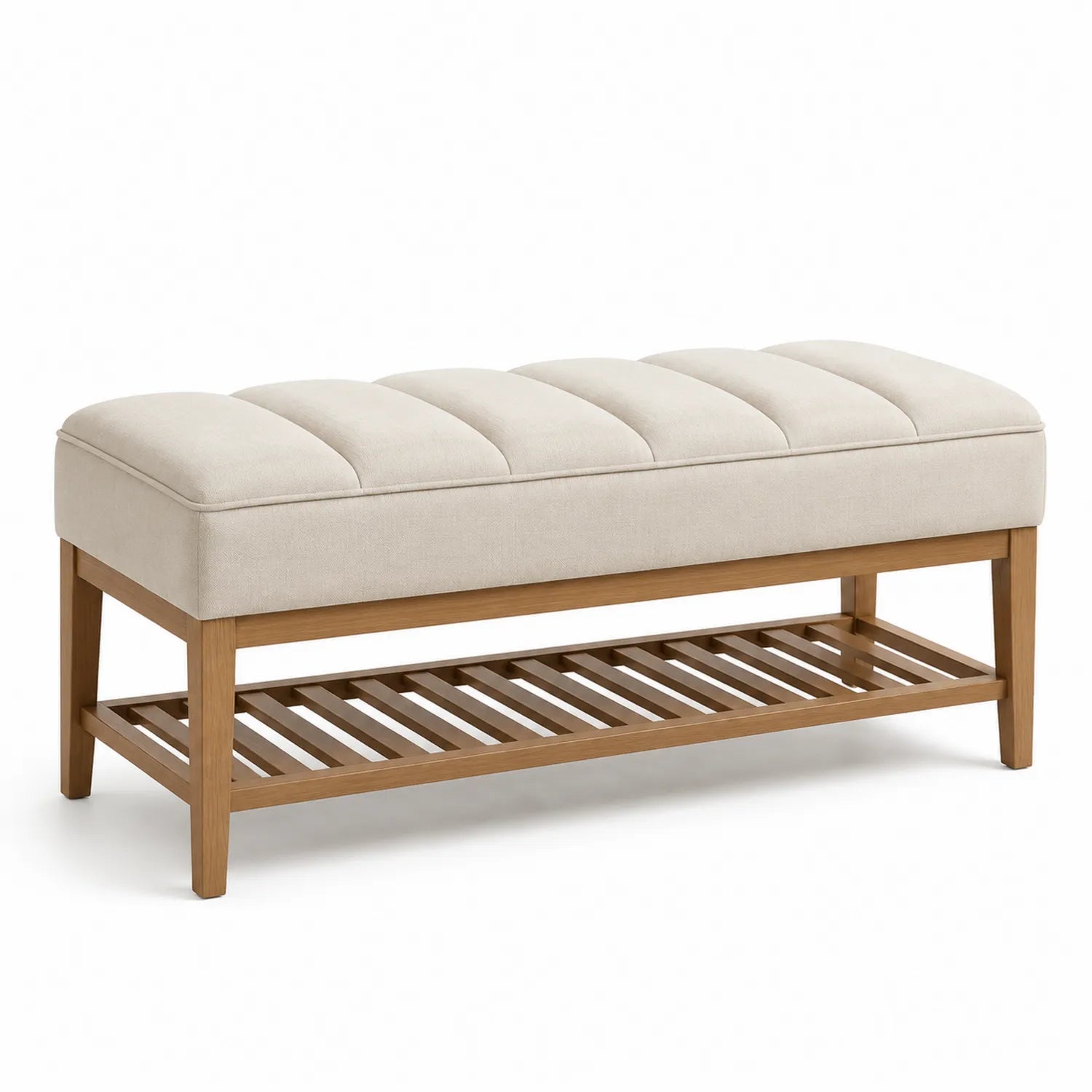 Banc en bois avec tissu polyester beige et étagère
