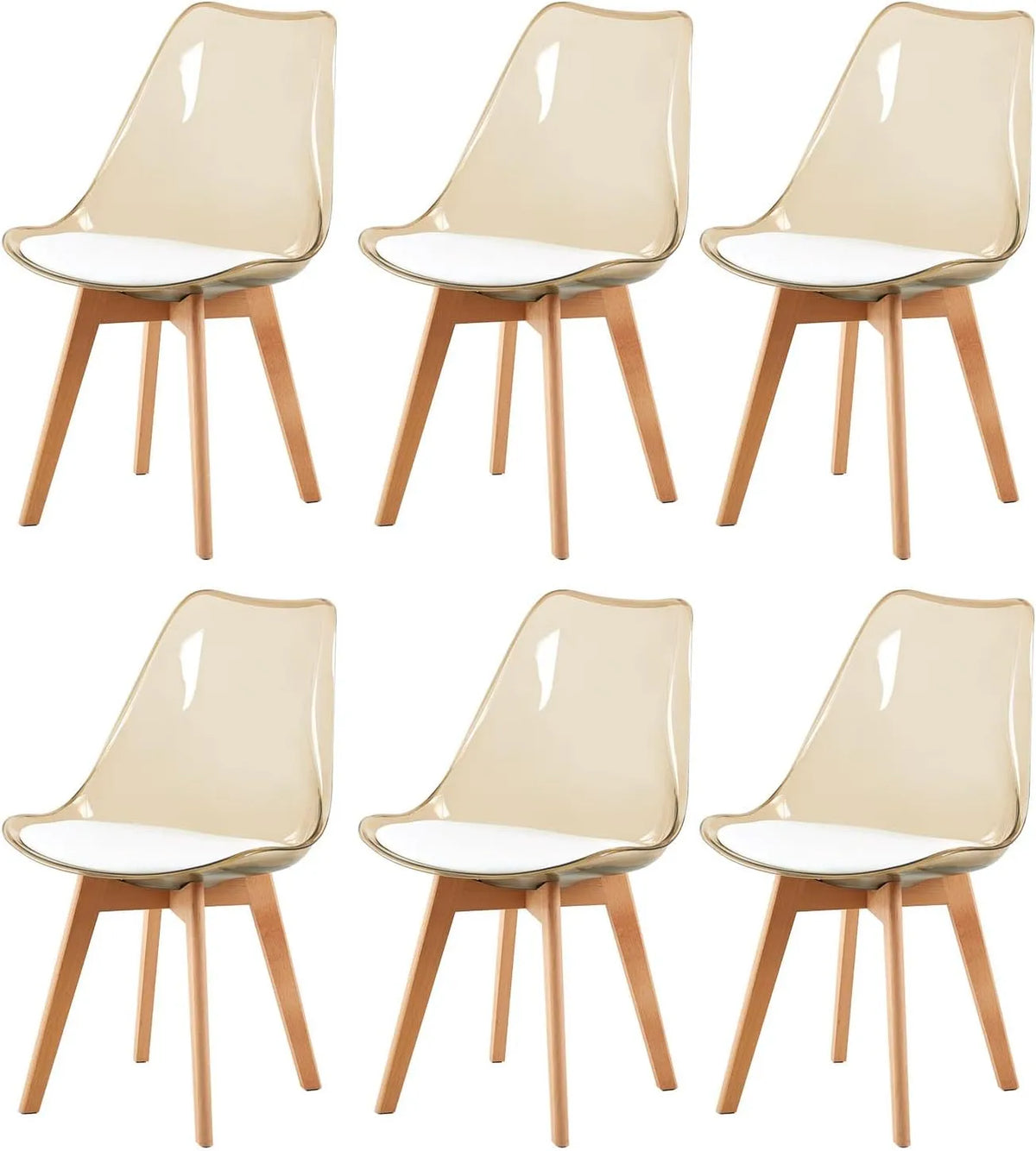 Chaise – SGS, en cuir PU, en bois, avec coussins, Lot de 6, blanc