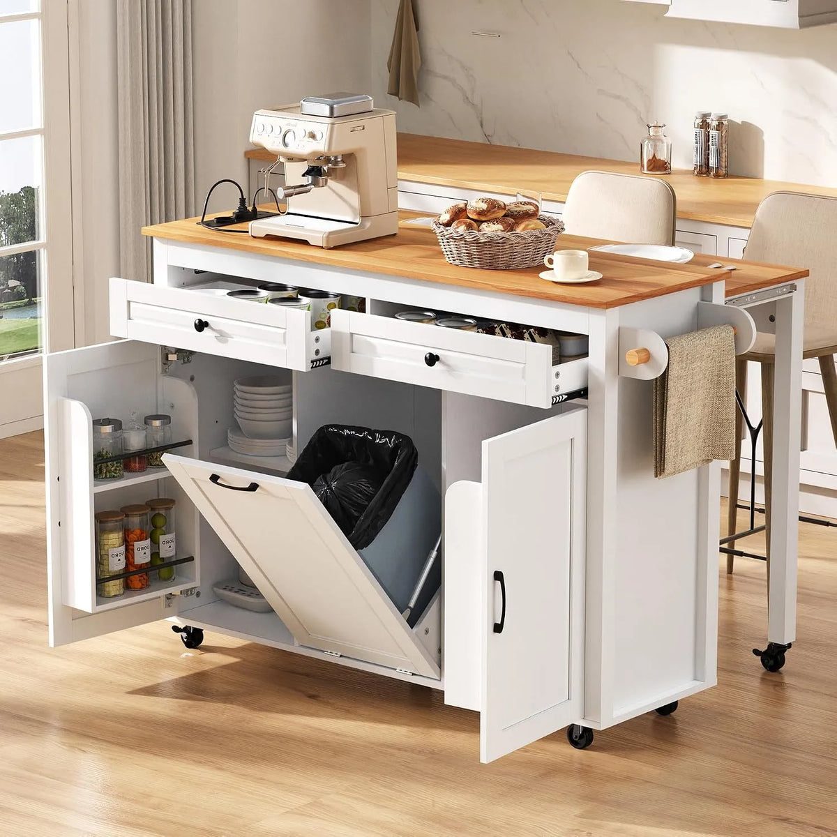 îlot Central sur Roulettes 120× 40-75 × 92cm — avec rangement, avec tiroirs, pliable, avec roulettes, 2 Portes, 2 Tiroirs, blanc