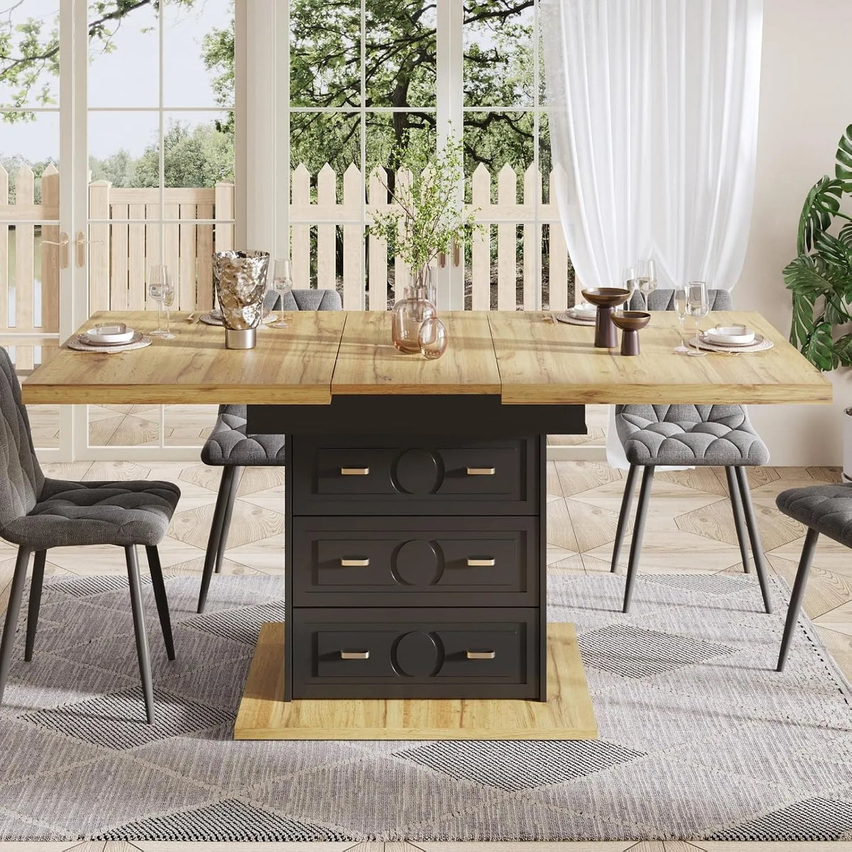Table à manger et table de salle à manger — en bois, avec rangement, avec tiroirs, 2 Tiroirs, 140 × 80 cm, extensible