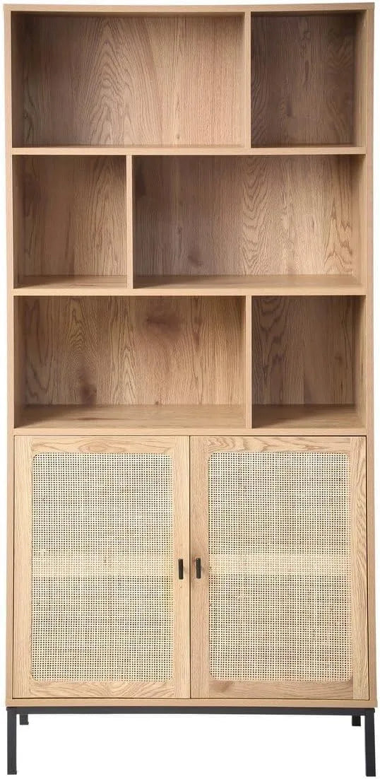 Bibliothèque 6 Cases 2 Portes Rotin — en métal, en bois, avec Bibliothèque et étagère de rangements, 175 cm, CALICOSY P 35, avec étagères