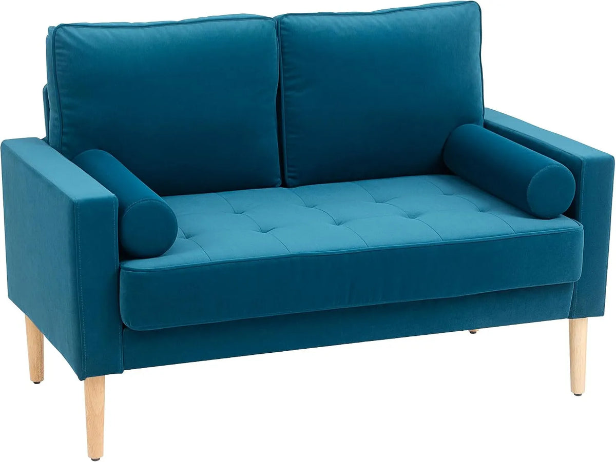HOMCOM Canapé – Moderne, en bois, avec coussins, 2 Places, 127 cm, bleu, revêtement en velours