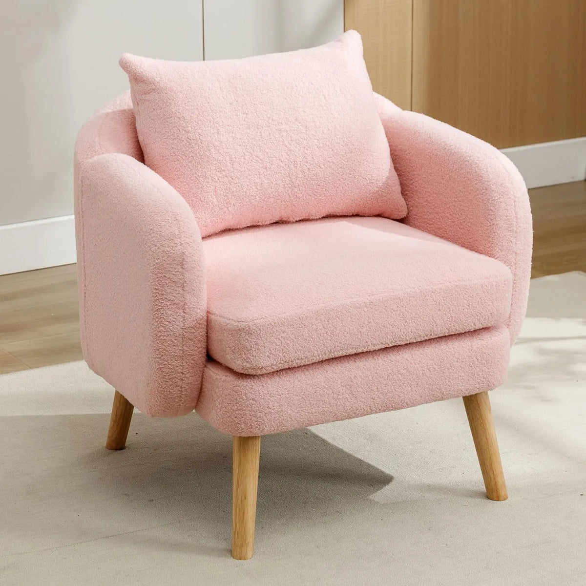 Fauteuil et chaise rembourrée moderne simple en velours Teddy avec coussin — en bois, avec coussins, rose, en bois massif