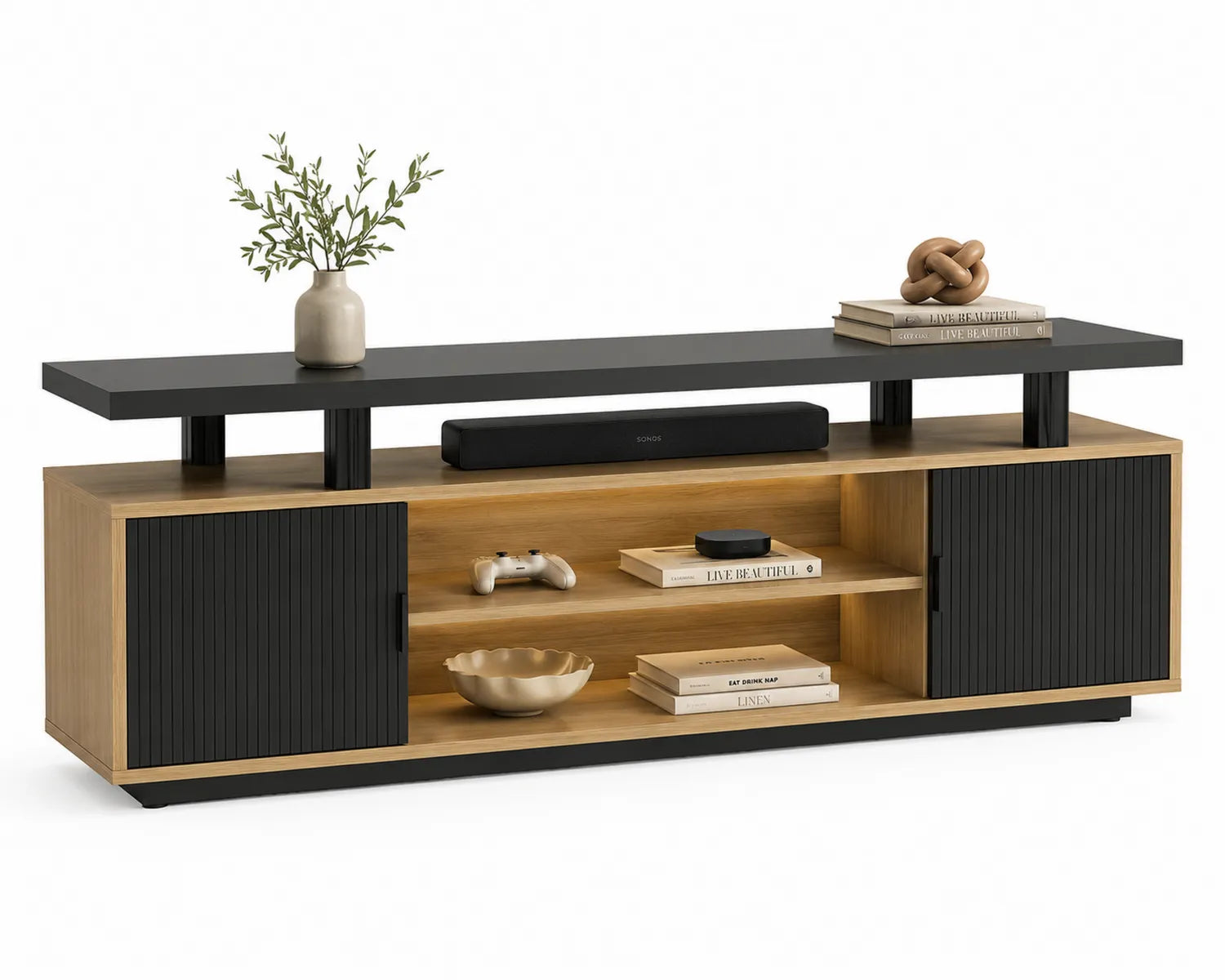 Meuble TV en bois MDF avec étagères noires
