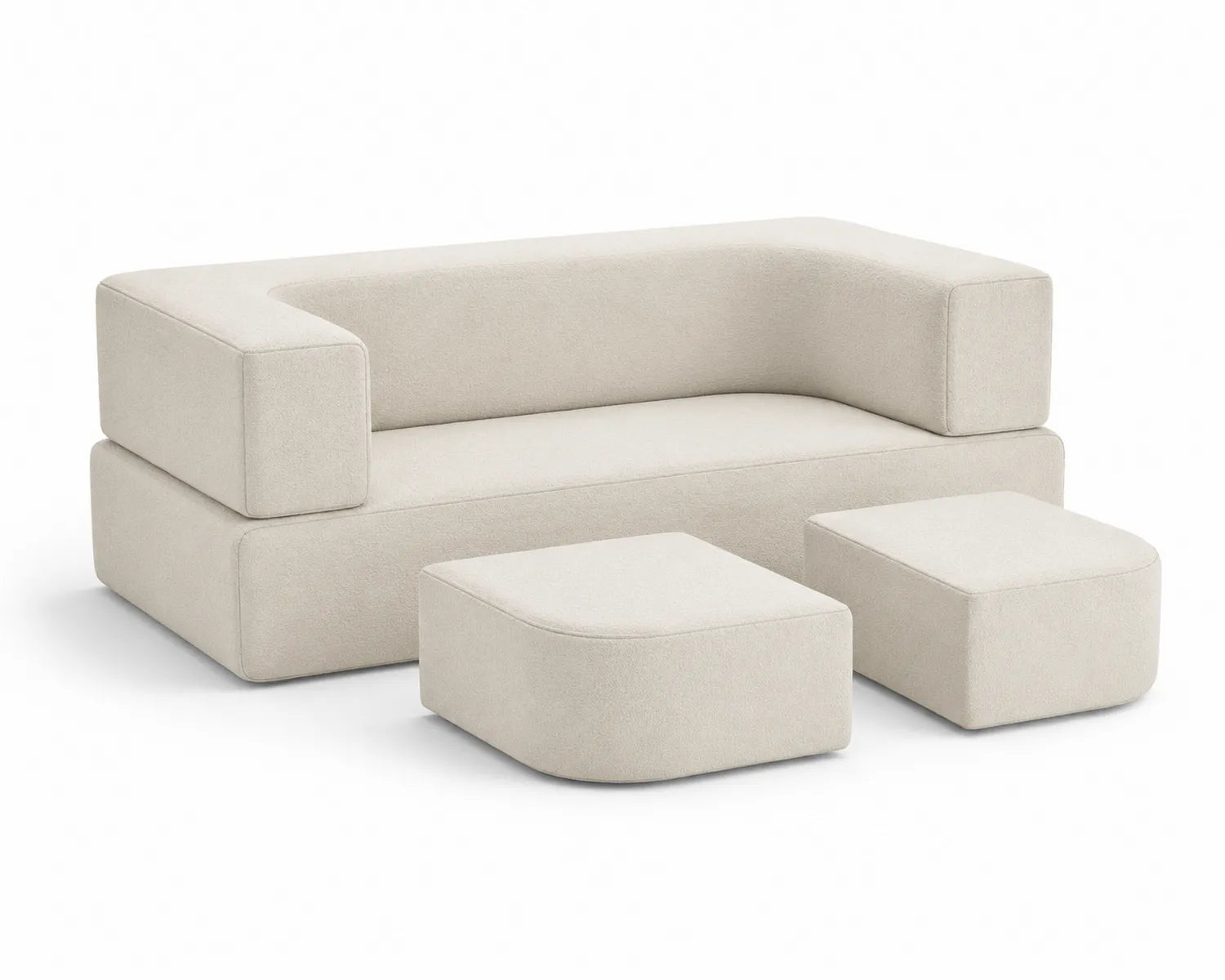 Canapé modulable en tissu crème avec poufs