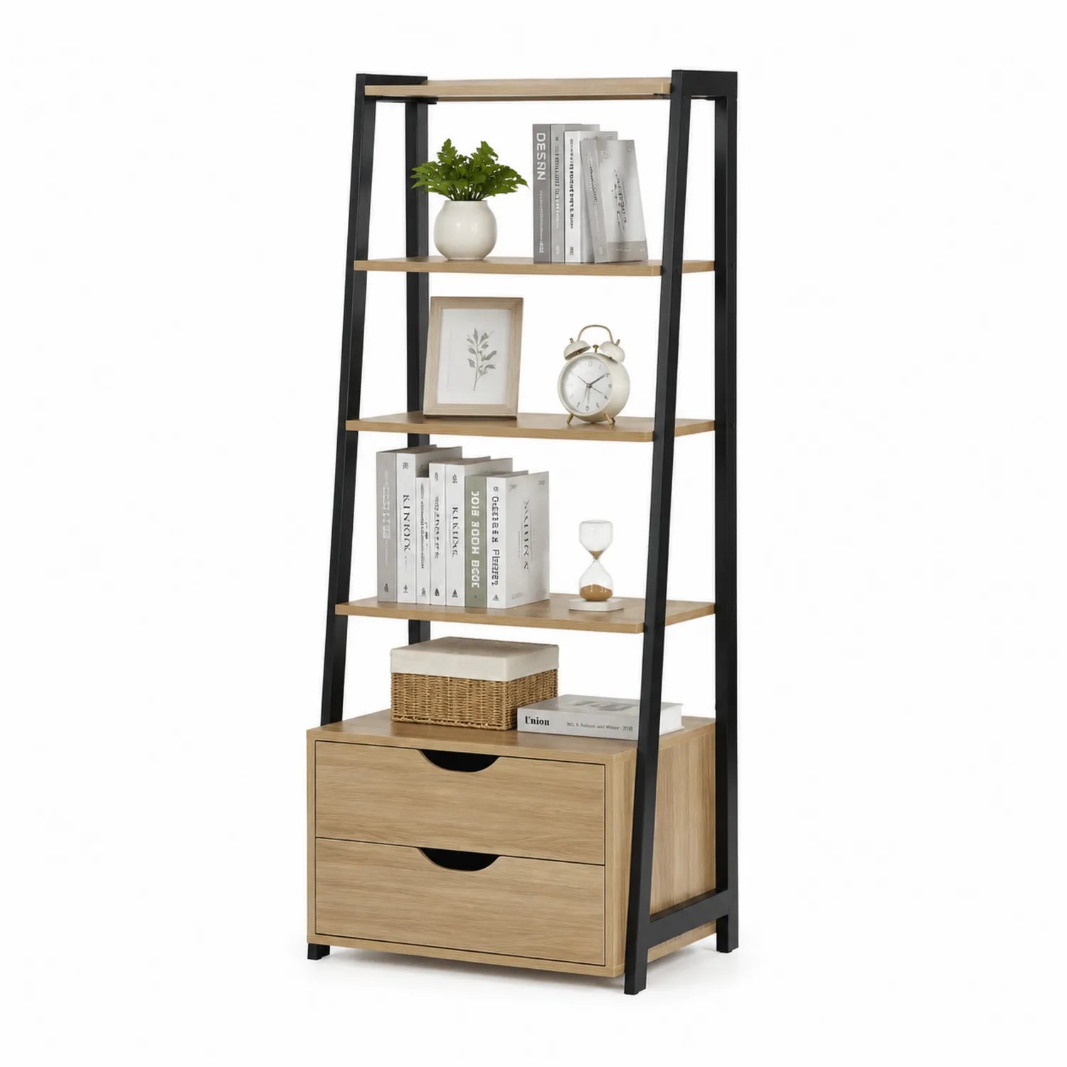 Étagère échelle en bois et métal noir 5 niveaux chêne clair