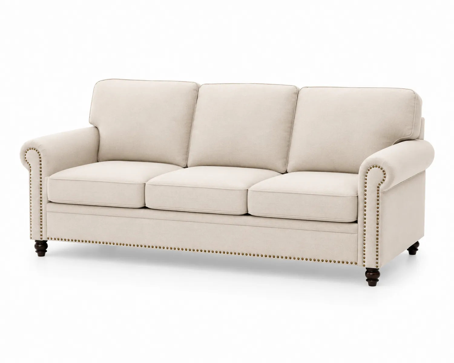 Canapé 3 places en tissu lin beige avec accoudoirs enroulés